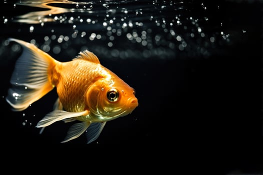 Beautiful golden fish in water. Ocean or sea inhabitant, marine life. Underwater creature. Copy space for text. . photo