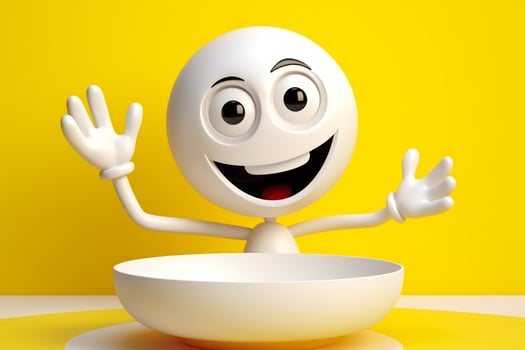 cartoon white character smiling and waving on yellow background with white plate photo
