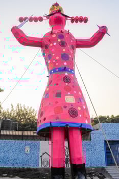 Ravnans being ignited during Dussera festival at ramleela ground in Delhi, India, Big statue of Ravana to get fire during the Fair of Dussera to celebrate the victory of truth by Lord Rama photo