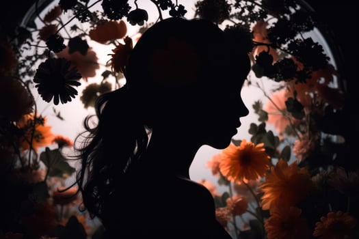 silhouette of a girl's head with flowers on a floral dark background photo
