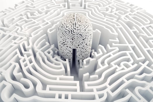concept idea of creative labyrinth, psychology of philosophy and imagination, human brain and labyrinth, art, white color photo