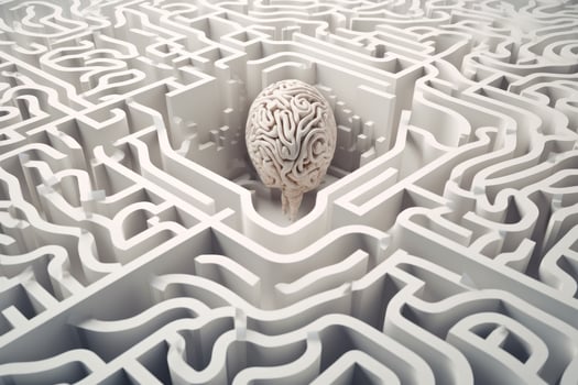 concept idea of creative labyrinth, psychology of philosophy and imagination, human brain and labyrinth, art, white color photo