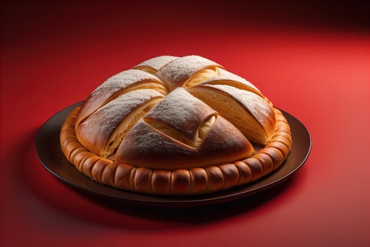 Baked easter cake on a brown plate on a red background. photo
