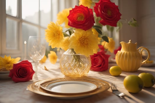 Beautiful table setting with flowers in vase on table in room. photo