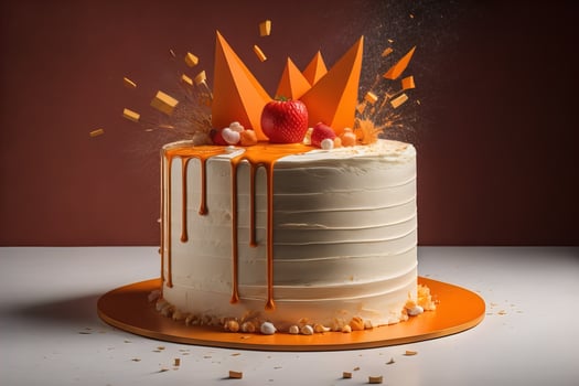 Birthday cake with orange paper crown and confetti on the top. photo