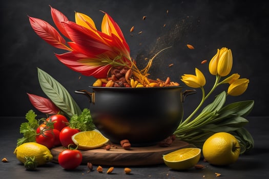 Cooking pot with vegetables, fruits and spices on a dark background. photo