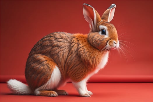 Cute red and brown rabbit on a red background. Easter concept. photo
