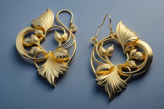 Elegant gold earrings on a blue background. photo