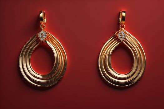 Gold earrings on a red background. photo