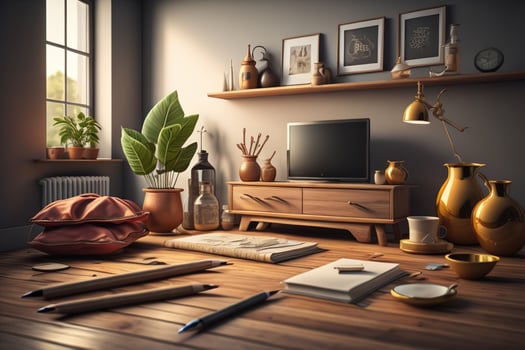 Interior of living room with furniture, armchair, books, coffee table and other items. photo