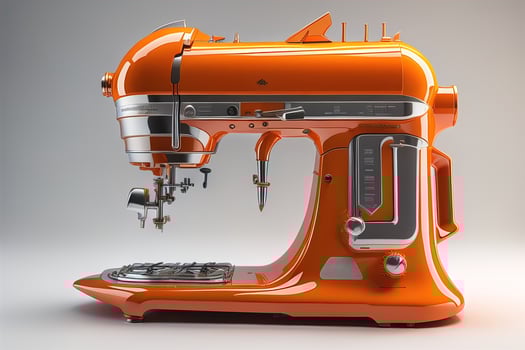 Modern orange sewing machine on a gray background. photo