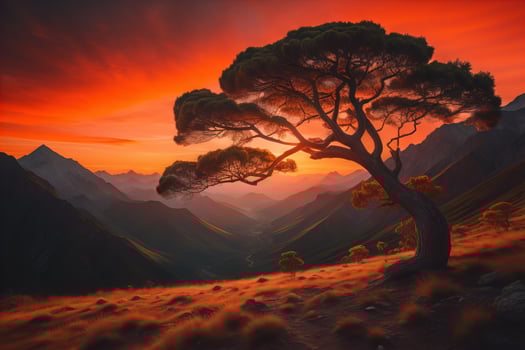 Pine tree in the mountains at sunset. photo