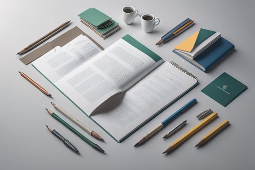Top view of various stationery on grey background. photo