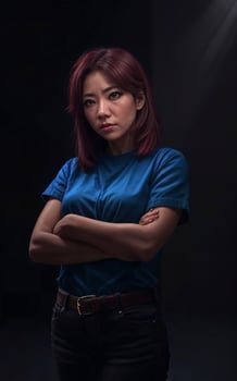 portrait photo of beautiful middle aged asian woman in dark room with light in background,