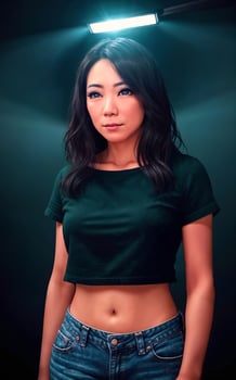 portrait photo of beautiful middle aged asian woman in dark room with light in background,