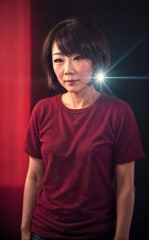 portrait photo of beautiful middle aged asian woman in dark room with light in background,