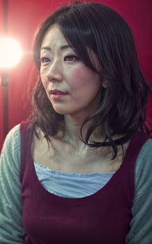 portrait photo of beautiful middle aged asian woman in dark room with light in background,
