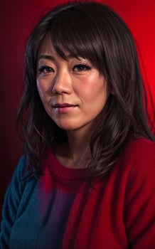 portrait photo of beautiful middle aged asian woman in dark room with light in background,