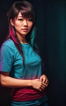 portrait photo of beautiful teenage asian woman with trending hairstyle in dark room with light in background,