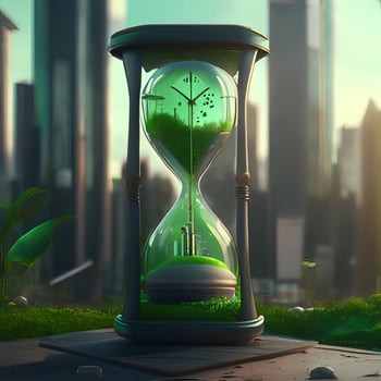 Hourglass with Green sand, Eco city concept, photo