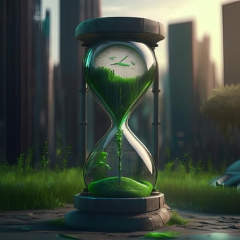 Hourglass with Green sand, Eco city concept, photo