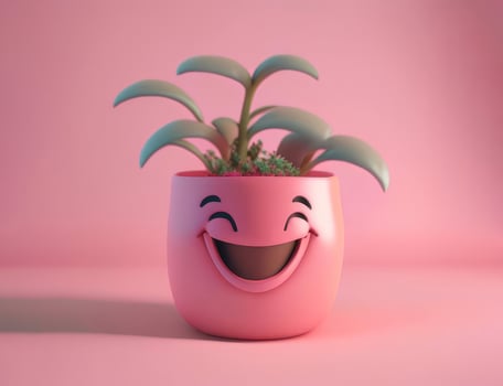 pink cartoon flower pot with green plant, photo