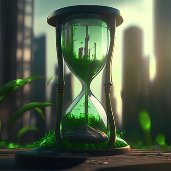 Hourglass with Green sand, Eco city concept, photo