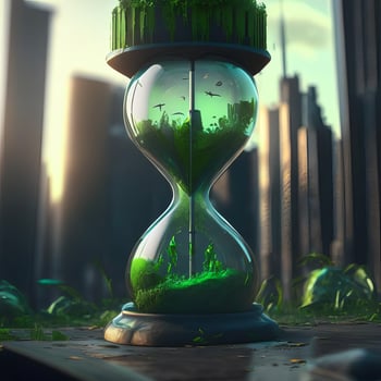 Hourglass with Green sand, Eco city concept, photo