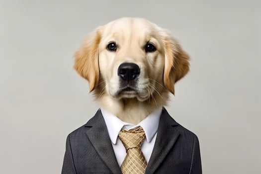 Cute dog Golden retriever with office business suit costume for apply the job isolated on white background, funny moment, pet concept, with . photo