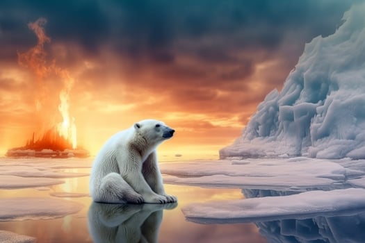 White polar bear sitting on melting ice floe glacier at arctic sea that facing to Global Warming situation, save the world form pollution concept, climate change, with . photo