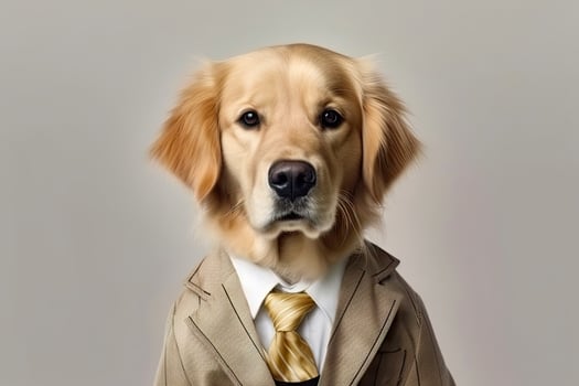 Cute dog Golden retriever with office business suit costume for apply the job isolated on white background, funny moment, pet concept, with . photo