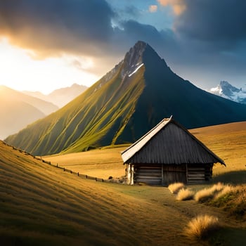 landscape mountain with hut photo