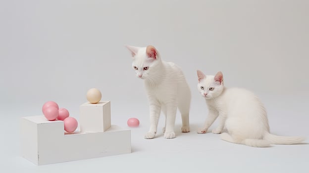 White cat playing with toys in a white room photo
