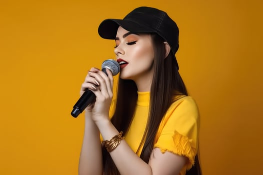 Female singer singing into a mic photo