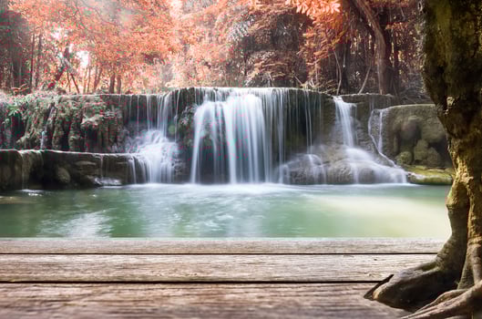 Wood table top on waterfall autumn leaf scene photo