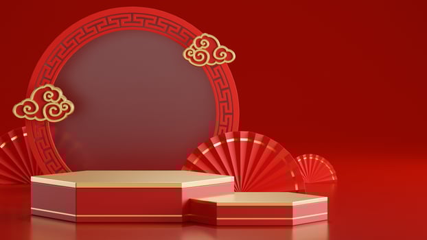 3d rendering illustration of podium round stage podium and paper art chinese new year, chinese festivals, mid autumn festival , red and gold ,flower and asian elements  on background. photo