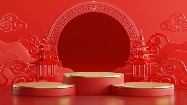 3d rendering illustration of podium round stage podium and paper art chinese new year, chinese festivals, mid autumn festival , red and gold ,flower and asian elements  on background. photo
