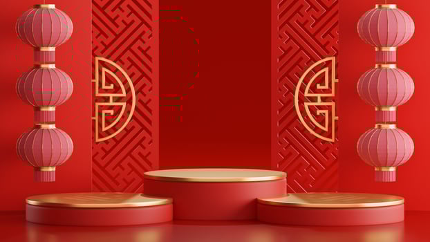 3d rendering illustration of podium round stage podium and paper art chinese new year, chinese festivals, mid autumn festival , red and gold ,flower and asian elements  on background. photo