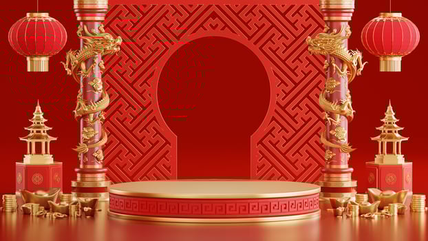 3d rendering illustration of podium round stage podium and paper art chinese new year, chinese festivals, mid autumn festival , red and gold ,flower and asian elements  on background. photo