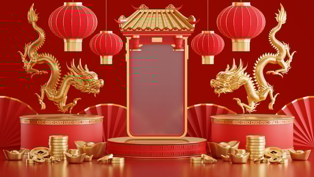 3d rendering illustration of podium round stage podium and paper art chinese new year, chinese festivals, mid autumn festival , red and gold ,flower and asian elements  on background. photo