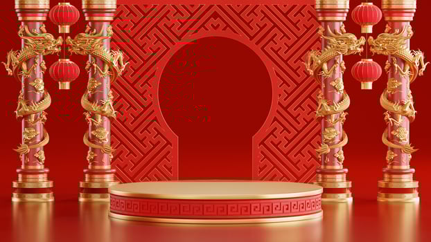 3d rendering illustration of podium round stage podium and paper art chinese new year, chinese festivals, mid autumn festival , red and gold ,flower and asian elements  on background. photo