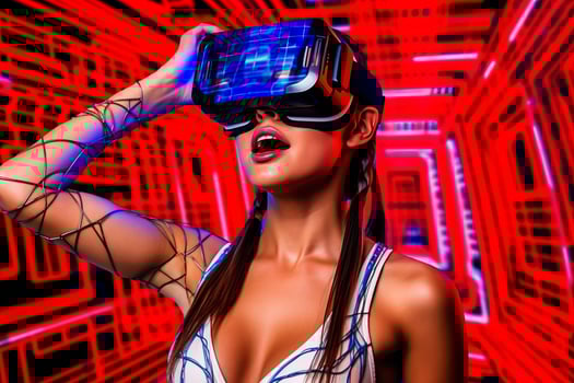 Heavily Stylized Portrait of a Woman Immersed in a VR Headset Simulation photo