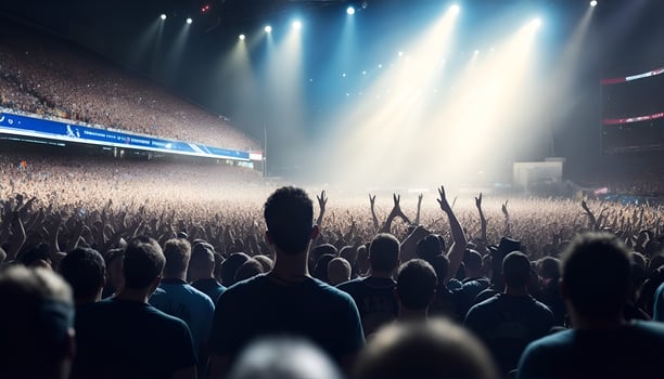 A crowd of people at a stadium rock concert, live event. photo
