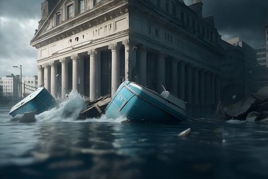 A sinking bank, a bank going under. A collapsing bank. photo