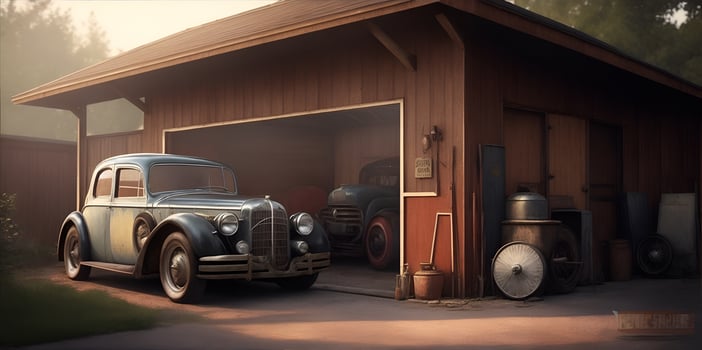 Old garage or shed with a vintage car. photo