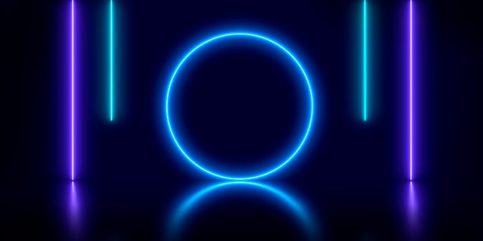Neon blue round frame background. circle, ring shape, empty space, ultraviolet light. photo
