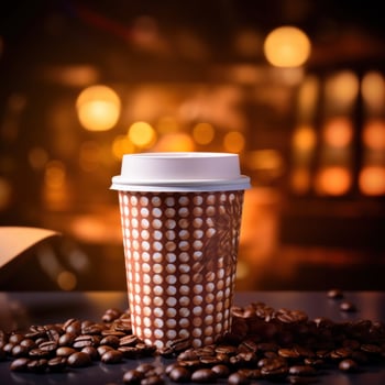 Coffee cup and coffee beans on the table. photo