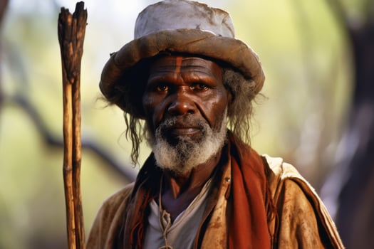 An Australian Aborigine in traditional robes created with technology. photo