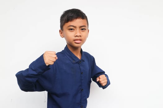 Boys demonstrating fighting gestures during martial arts training photo
