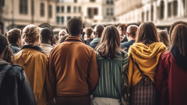 Rear view of a group of young people walking in the city, photo